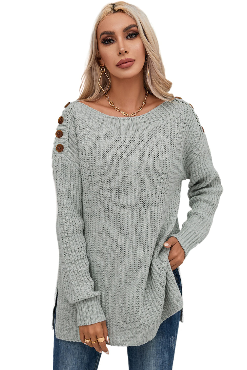 Gray Buttoned Drop Shoulder Oversized Sweater-yoyobikini