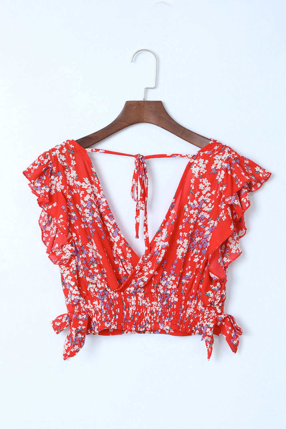 Red Multicolor Floral Ruffled Crop Top and Maxi Skirt Set-yoyobikini