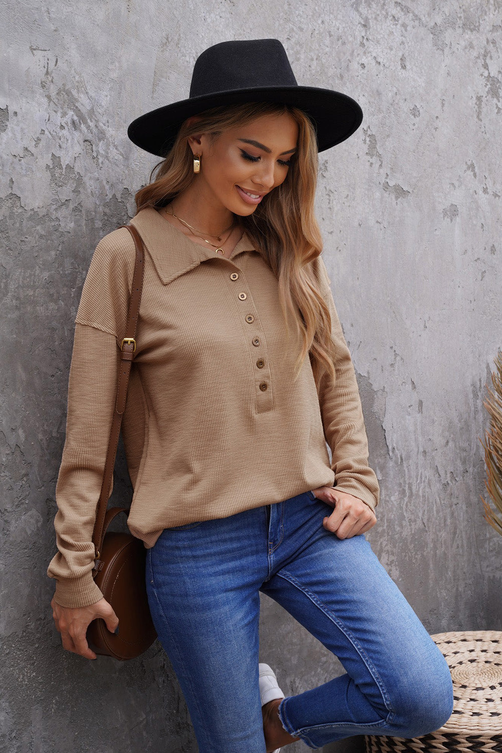 Khaki Button Front Turn-down Neck Knit Top-yoyobikini
