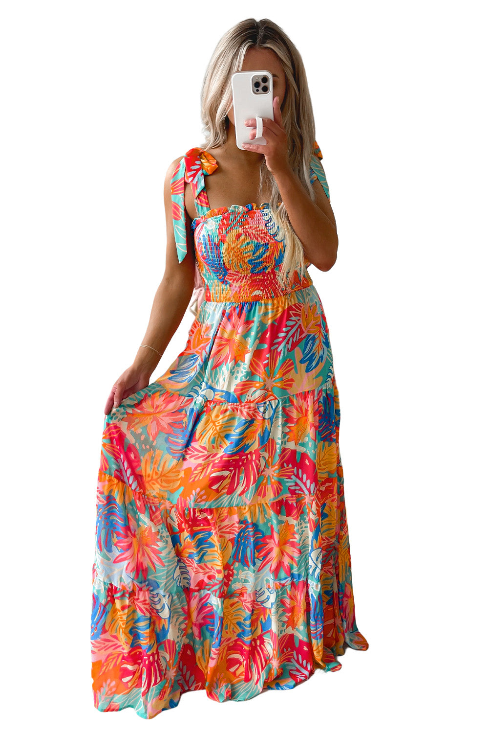Multicolor Vibrant Tropical Print Smocked Ruffle Tiered Maxi Dress-yoyobikini