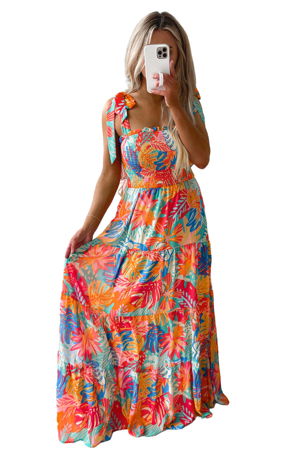 Multicolor Vibrant Tropical Print Smocked Ruffle Tiered Maxi Dress-yoyobikini