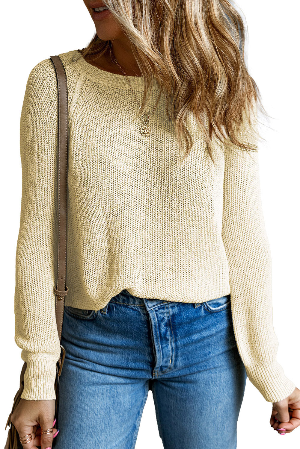 Apricot Raglan Sleeve Crewneck Casual Sweater-yoyobikini