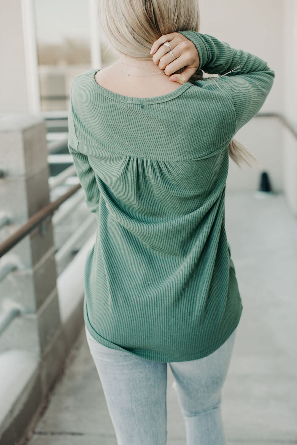 Green Ribbed V Neck Long Sleeve Top-yoyobikini