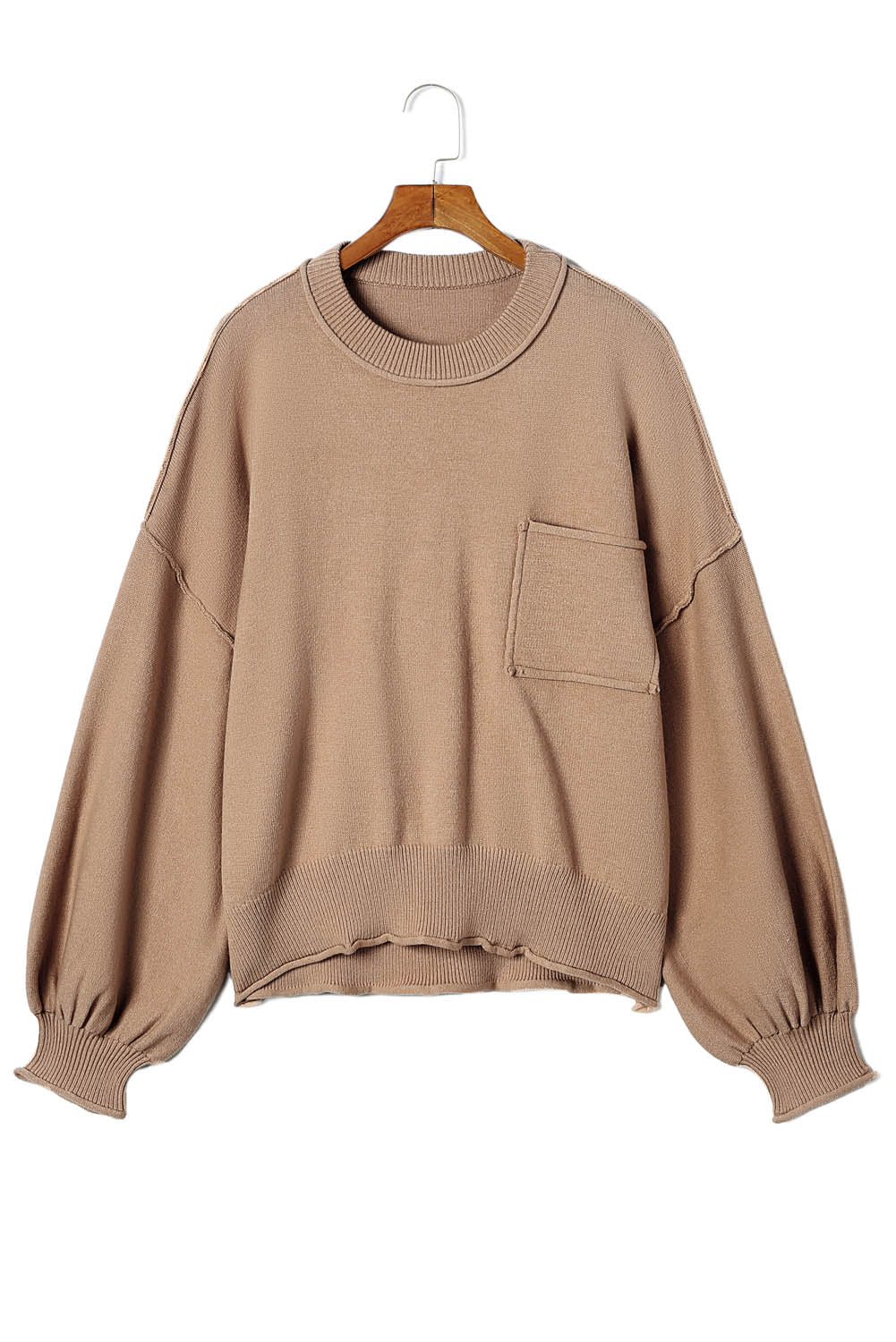 Apricot Raw Edge Patch Pocket Exposed Seam Loose Sweater-yoyobikini