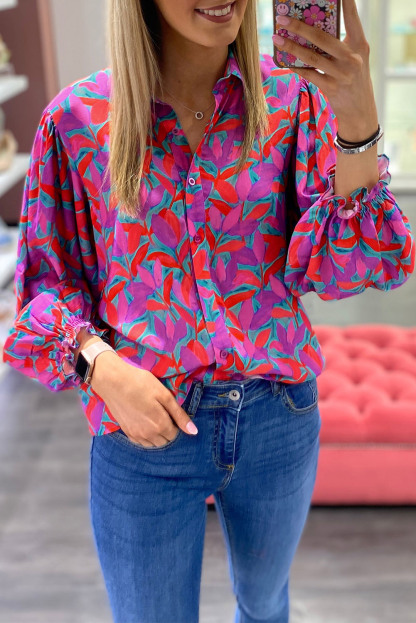 Multicolor Abstract Floral Button Up Long Puff Sleeve Shirt-yoyobikini