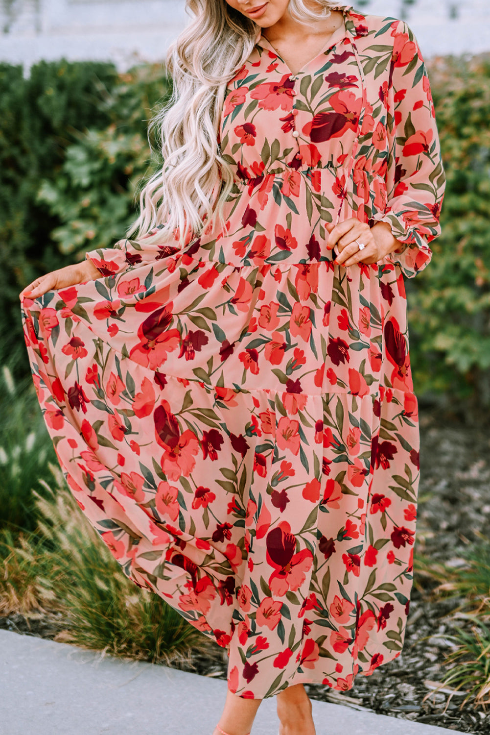 Red Frilled Collar Long Sleeve Tiered Maxi Floral Dress-yoyobikini