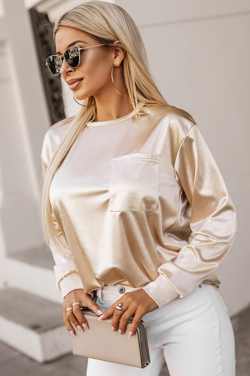 Apricot Glitter Chest Pocket Round Neck Long Sleeve Top-yoyobikini