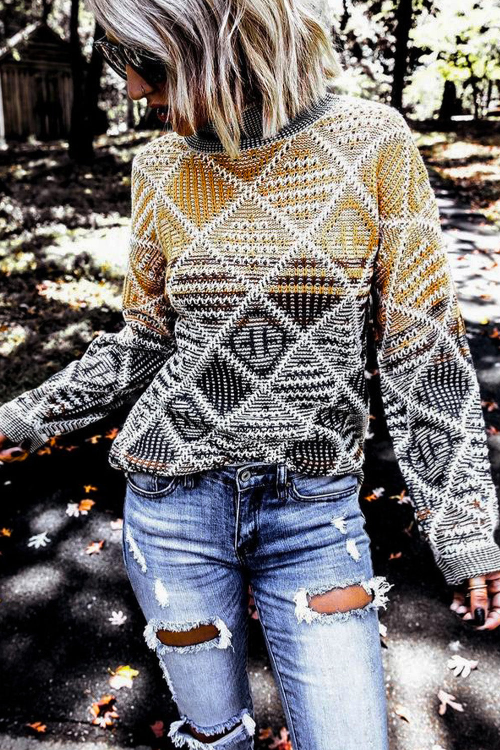 High Neck Geometric Colorblock Sweater-yoyobikini