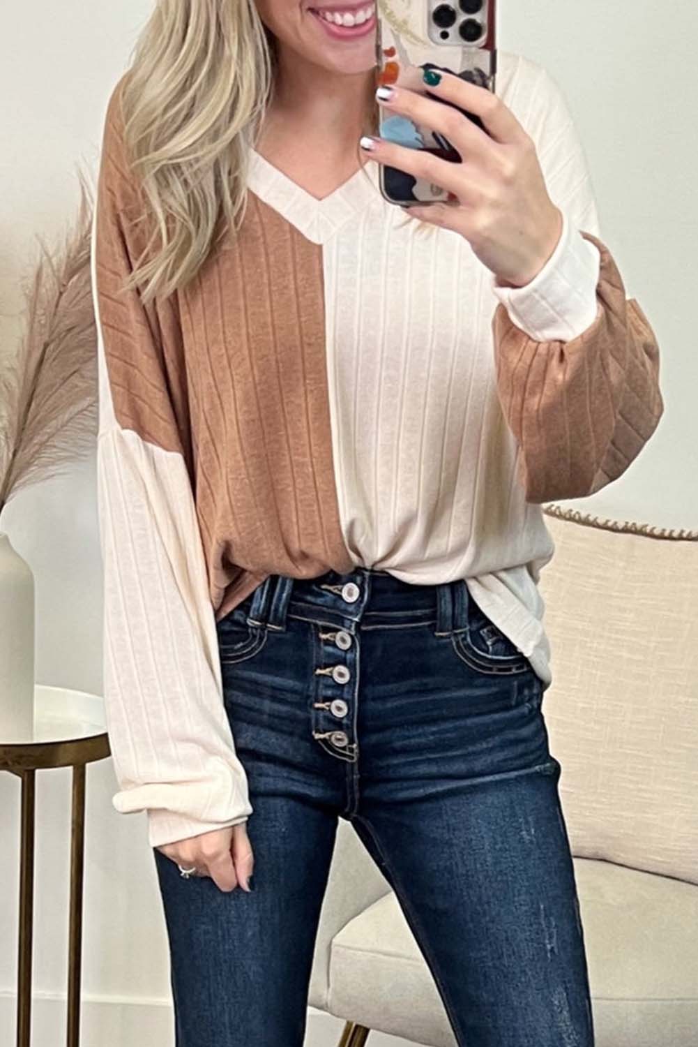 Apricot Color Block Wide Ribbed V Neck Top-yoyobikini