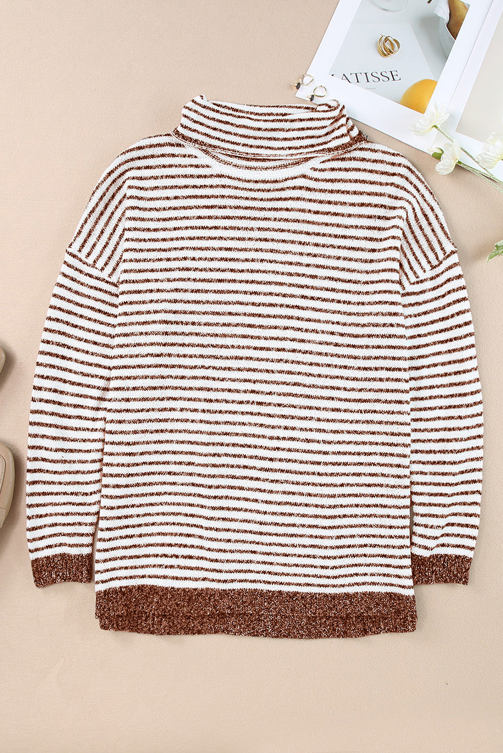 Brown Striped Turtleneck Loose Sweater-yoyobikini