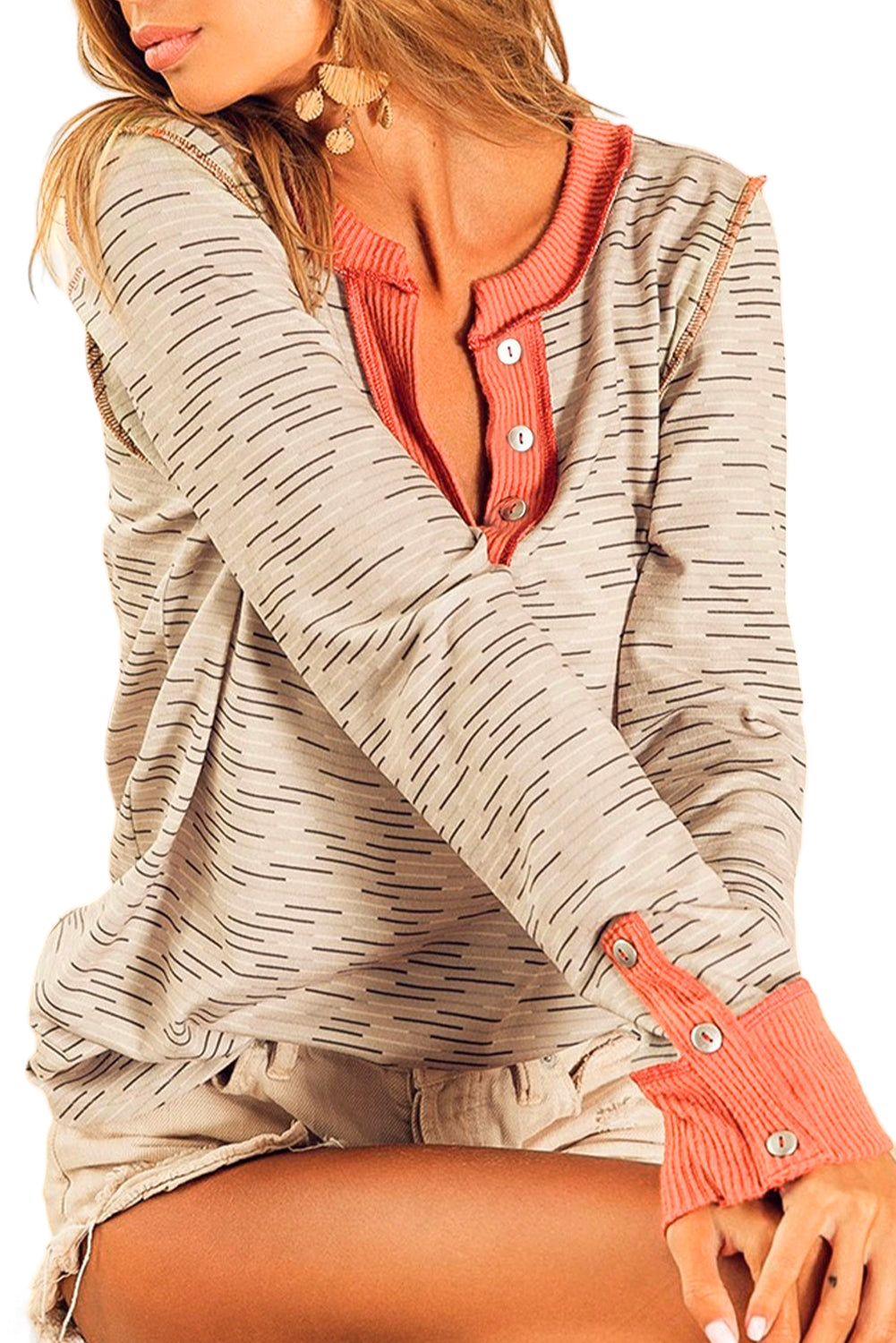 White Irregular Pin Stripe Colorblock Henley Top-yoyobikini