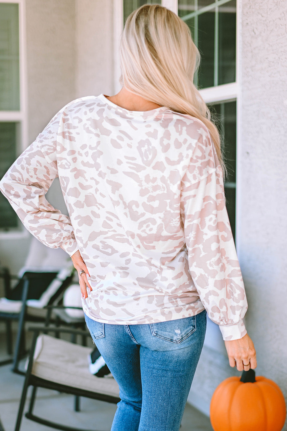 Leopard Animal Print Contrast Stripes Patchwork Puff Sleeve Knit Top-yoyobikini