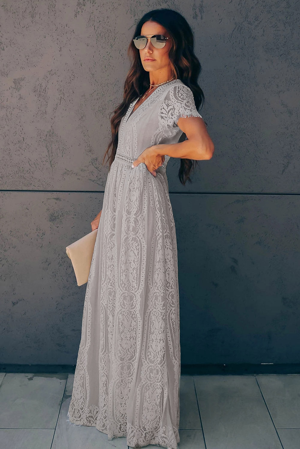 Gray Blue Fill Your Heart Lace Maxi Dress-yoyobikini