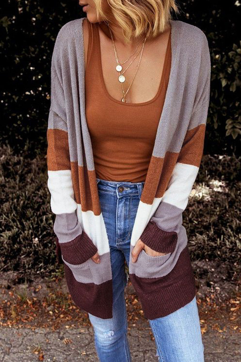 Open Front Colorblock Cardigan with Pockets-yoyobikini