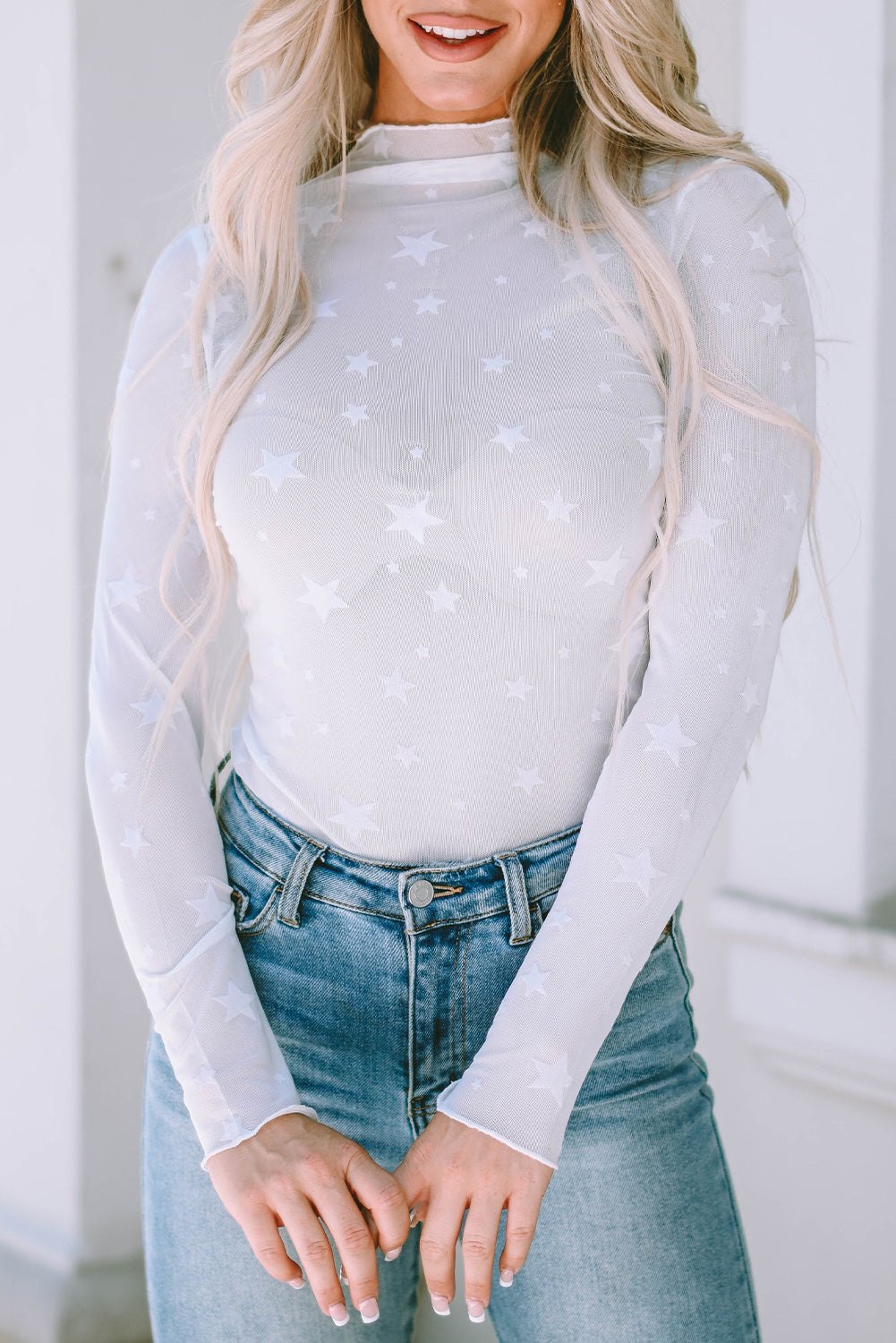 White Star Embellished Sheer Mesh Long Sleeve Top-yoyobikini