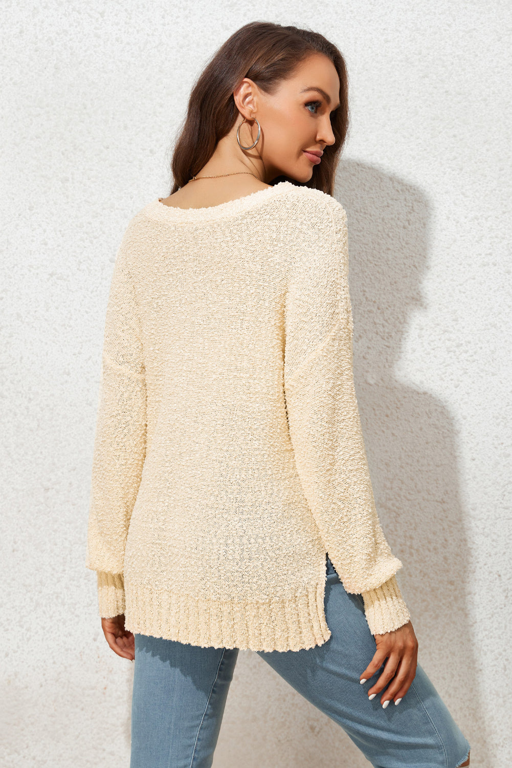 Beige Solid Fuzzy V-Neck Sweater-yoyobikini