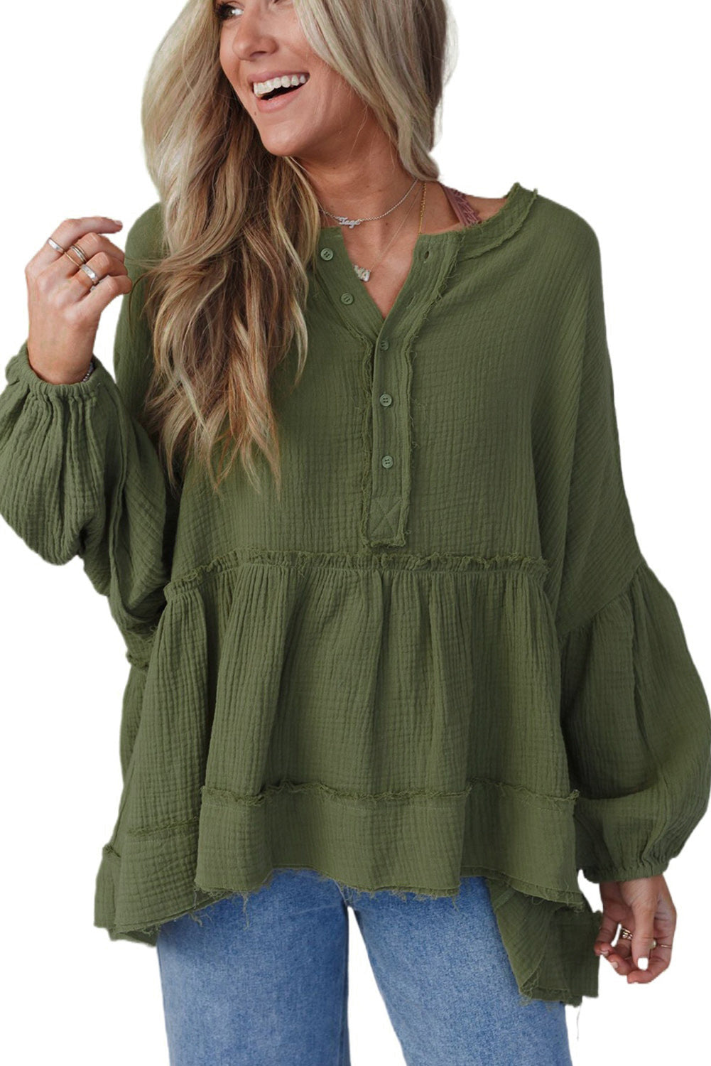Green Henley Button Drop Shoulder Loose Sleeve Raw Edge Top-yoyobikini