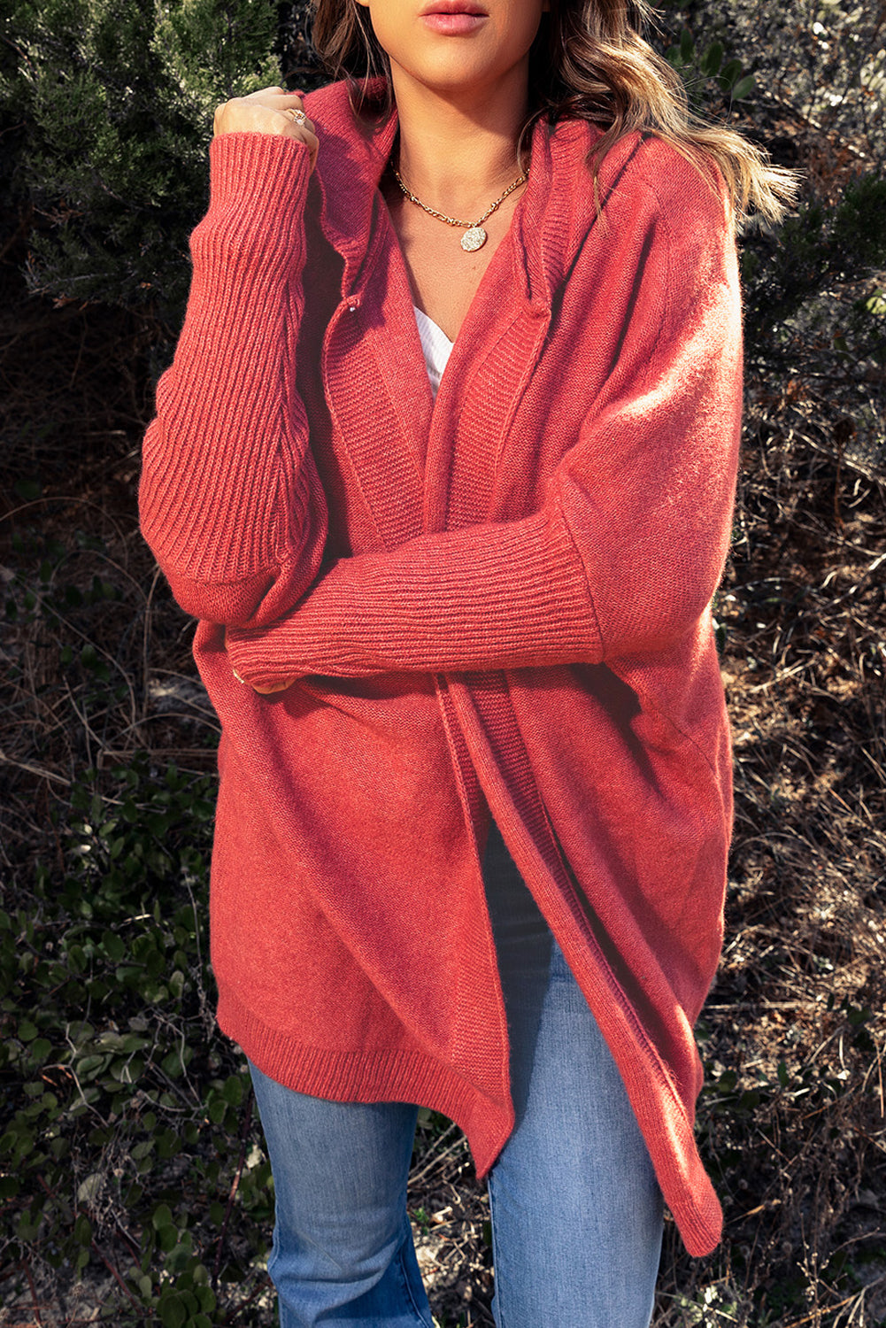 Rib Trimmed Batwing Sleeve Hooded Cardigan-yoyobikini