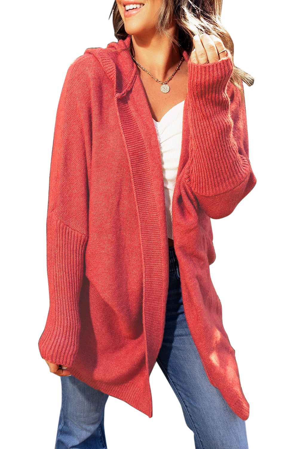 Rib Trimmed Batwing Sleeve Hooded Cardigan-yoyobikini