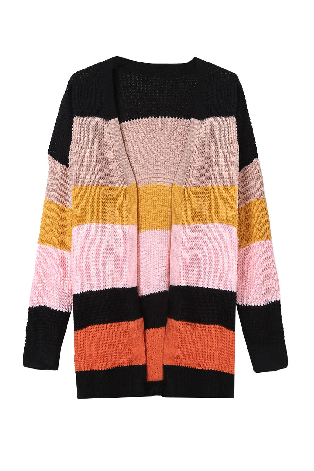Multicolor Waffle Knit Color Block Open Front Cardigan-yoyobikini