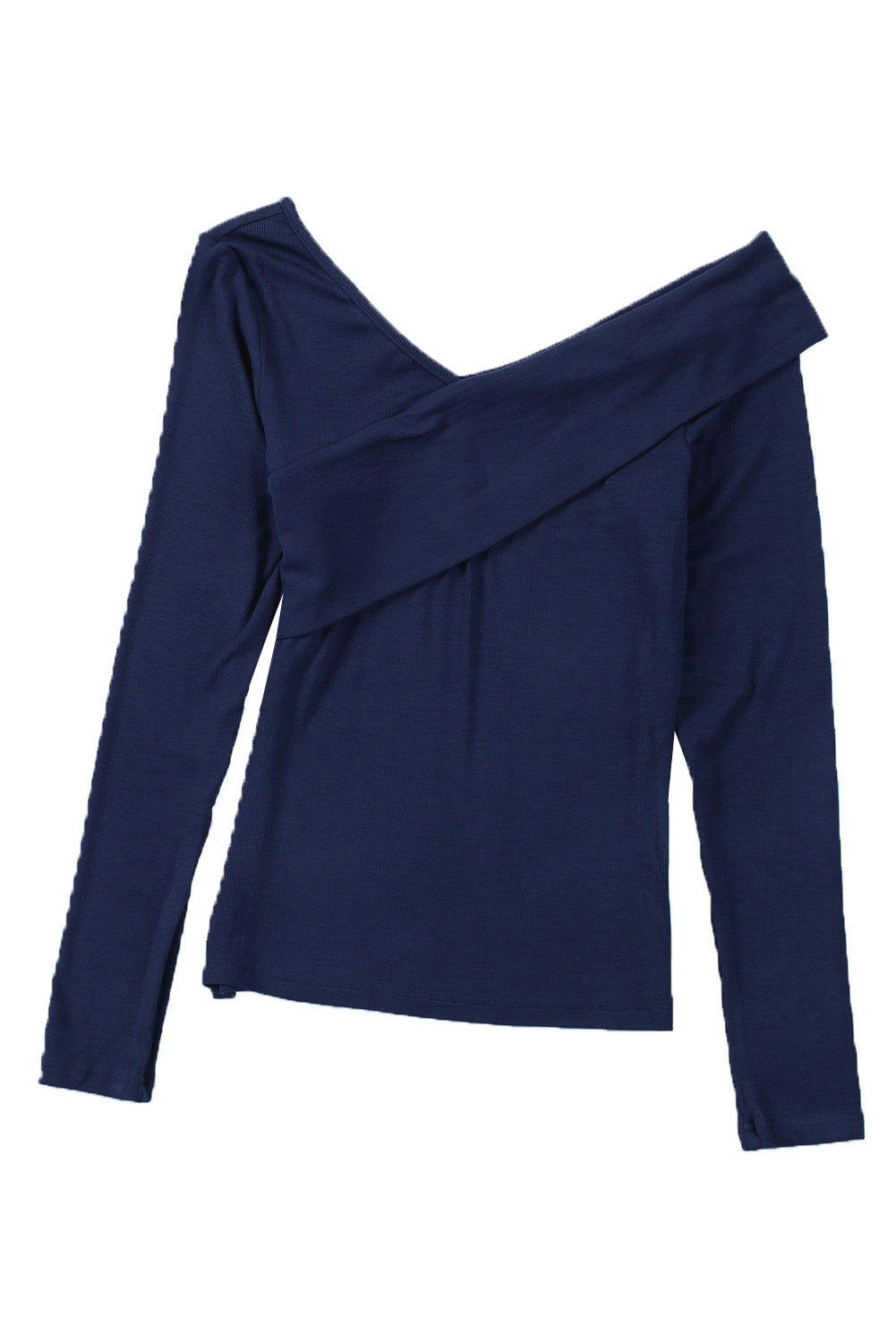 Blue Ribbed Wrap V Neck Long Sleeve Top-yoyobikini