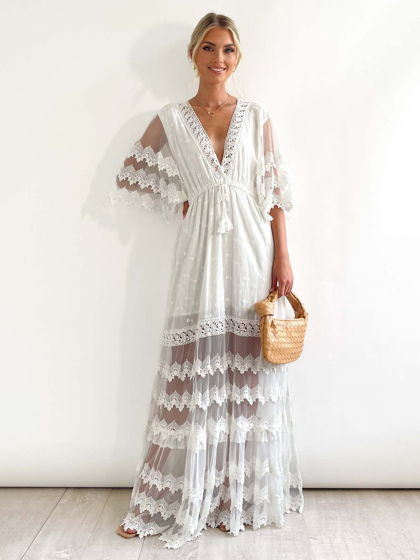 Boho Dress V-Neck Half Sleeves Layered Lace Beach Dress  yoyobikini