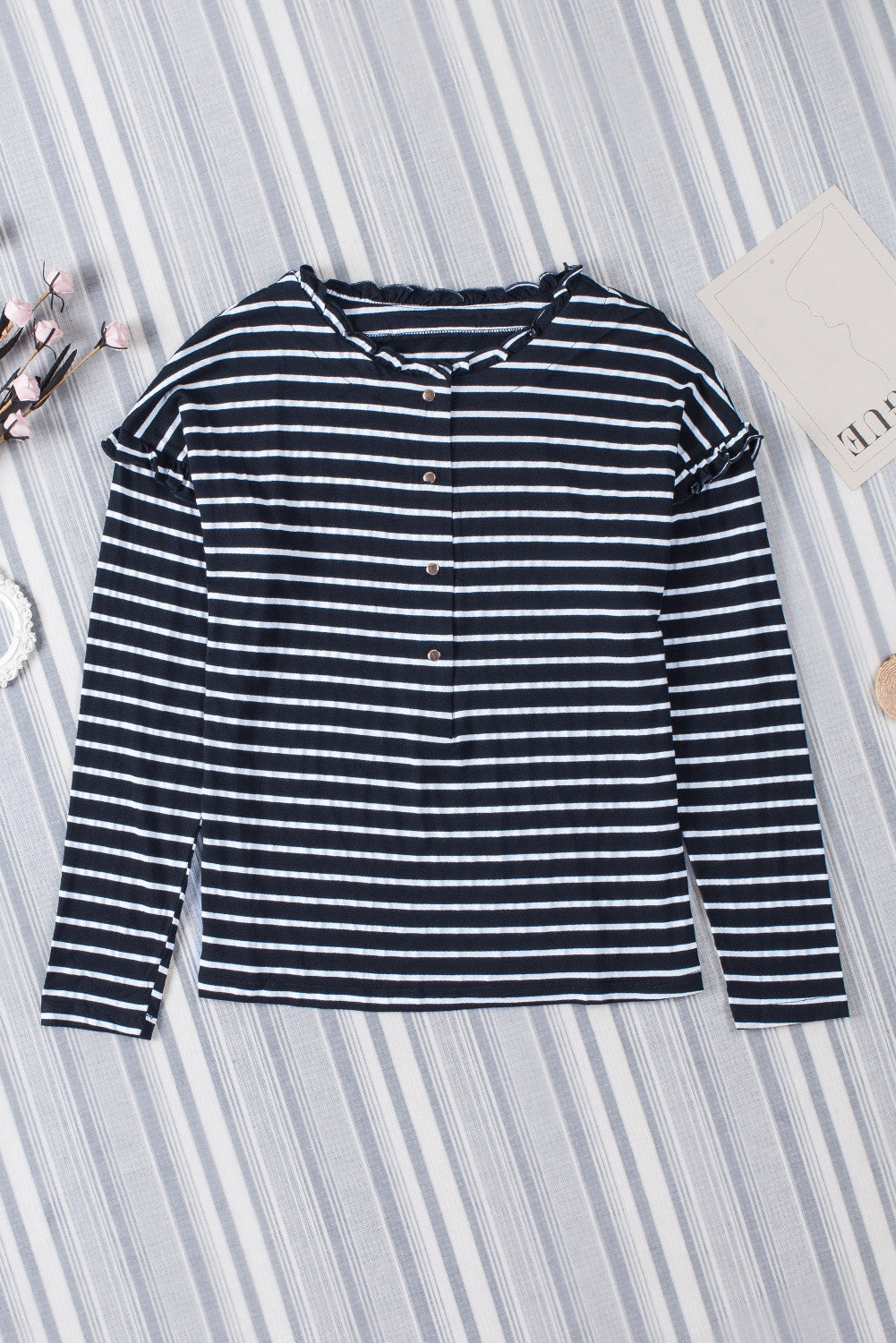 Black Striped Print Ruffled Buttoned Long Sleeve Top-yoyobikini