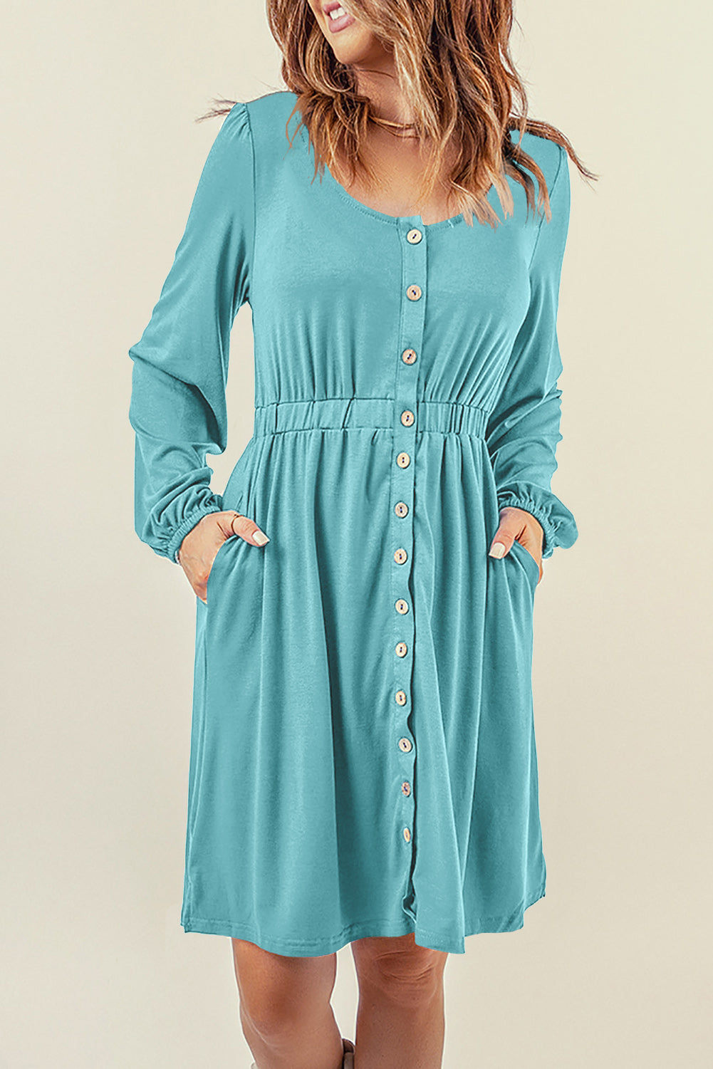 Sky Blue Button Up High Waist Long Sleeve Dress-yoyobikini