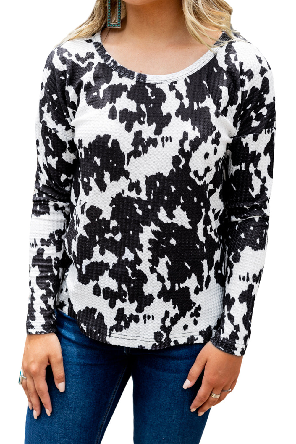 Cow Print U Neck Long Sleeve Top-yoyobikini
