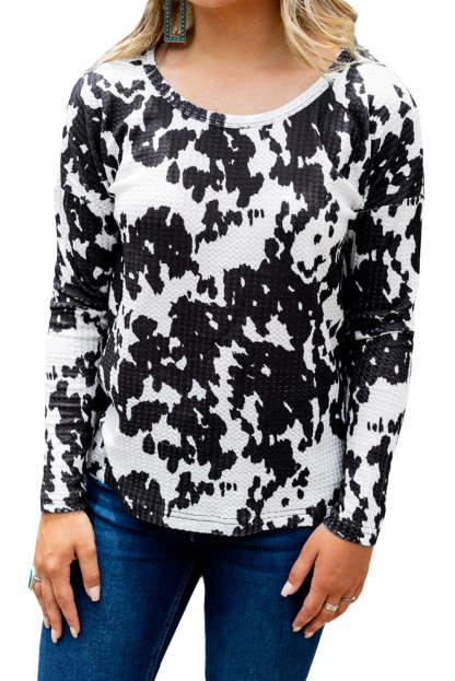 Cow Print U Neck Long Sleeve Top-yoyobikini