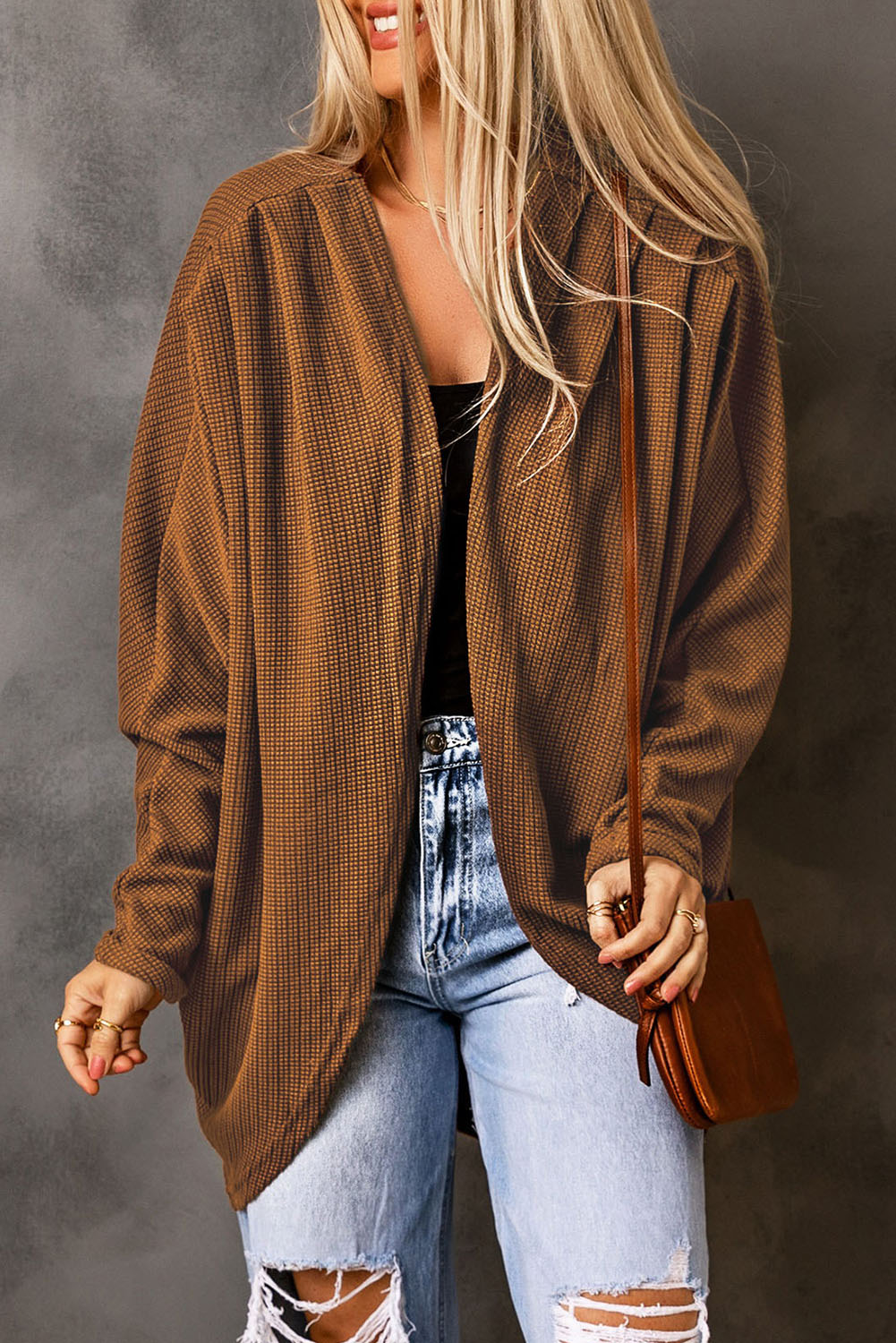 Brown Waffle Knit Open Front Rounded Hem Cardigan-yoyobikini