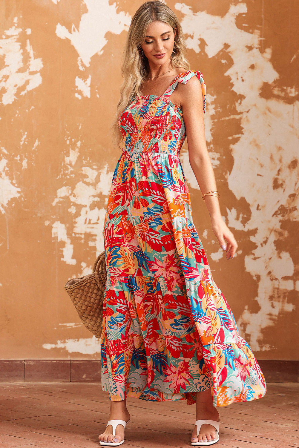 Multicolor Vibrant Tropical Print Smocked Ruffle Tiered Maxi Dress-yoyobikini