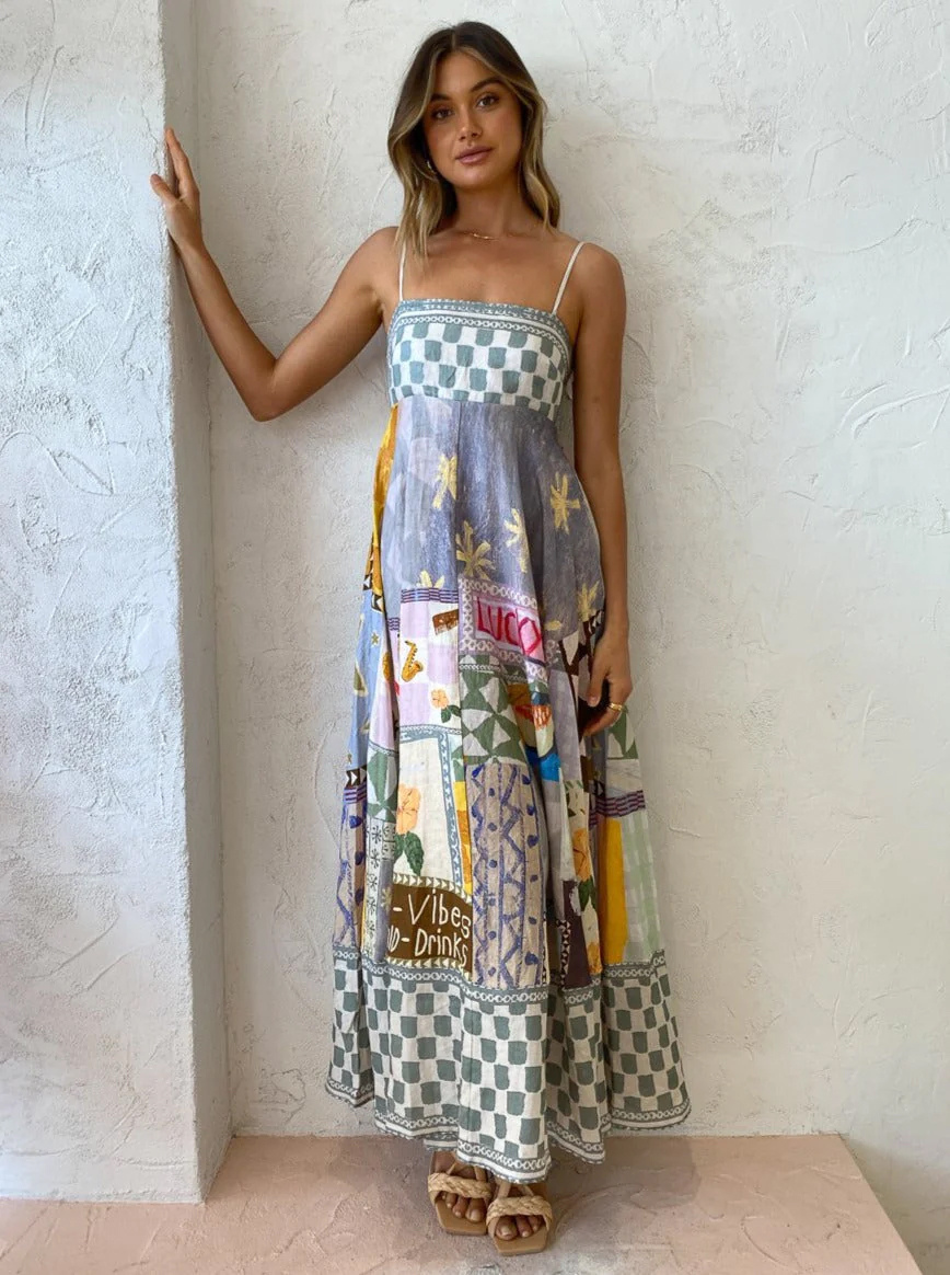 Summer Dress Straps Neck Printed Pleated Backless Gray Long Beach Dress