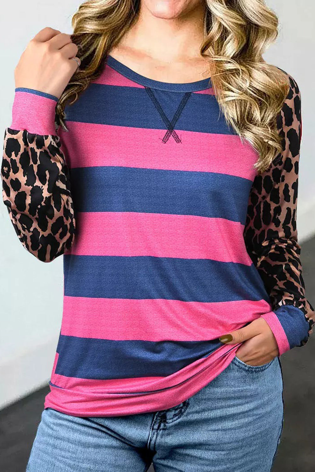 Rose Leopard Striped Patchwork Long Sleeve Top-yoyobikini