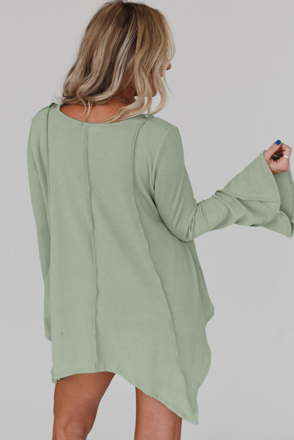 Green Ribbed Expose Seam Bell Sleeve Top-yoyobikini
