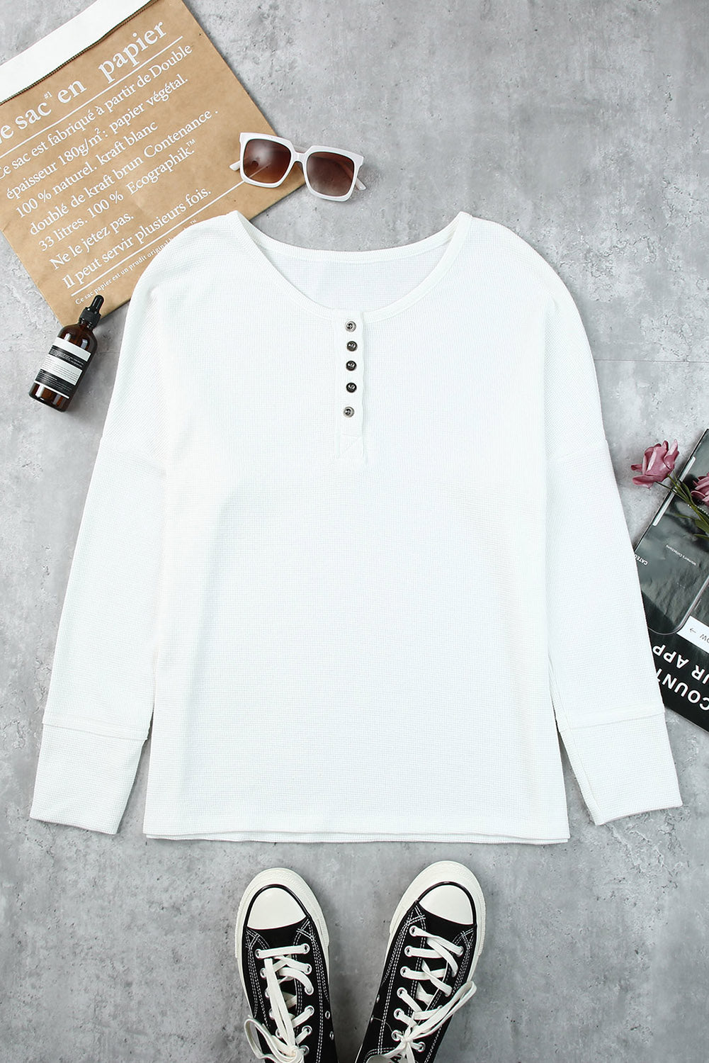 White Waffle Knit Henley Top-yoyobikini