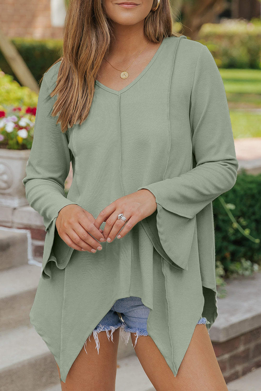 Green Ribbed Expose Seam Bell Sleeve Top-yoyobikini