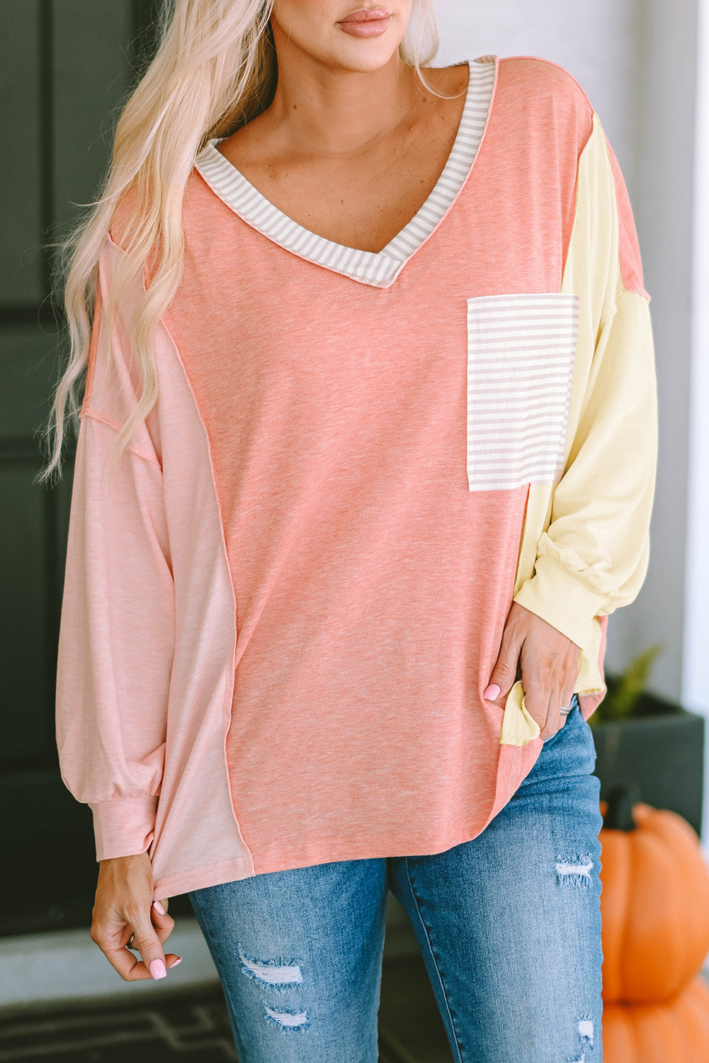 Striped Color Block Splicing Long Sleeve T Shirt-yoyobikini