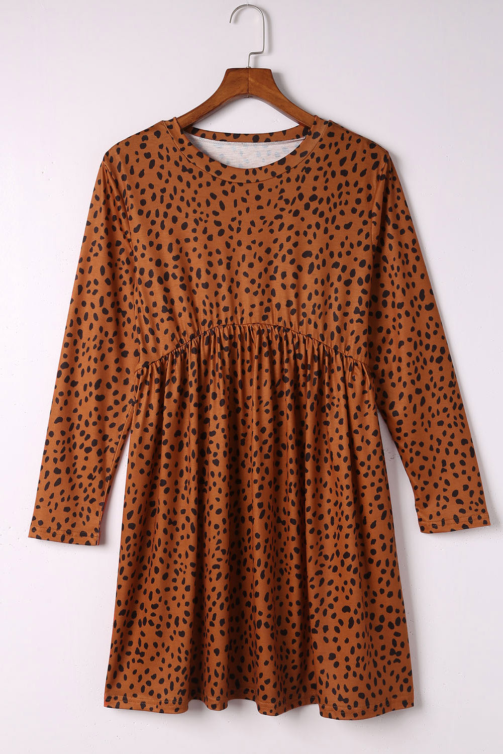 Brown Leopard Long Sleeve Babydoll Dress-yoyobikini