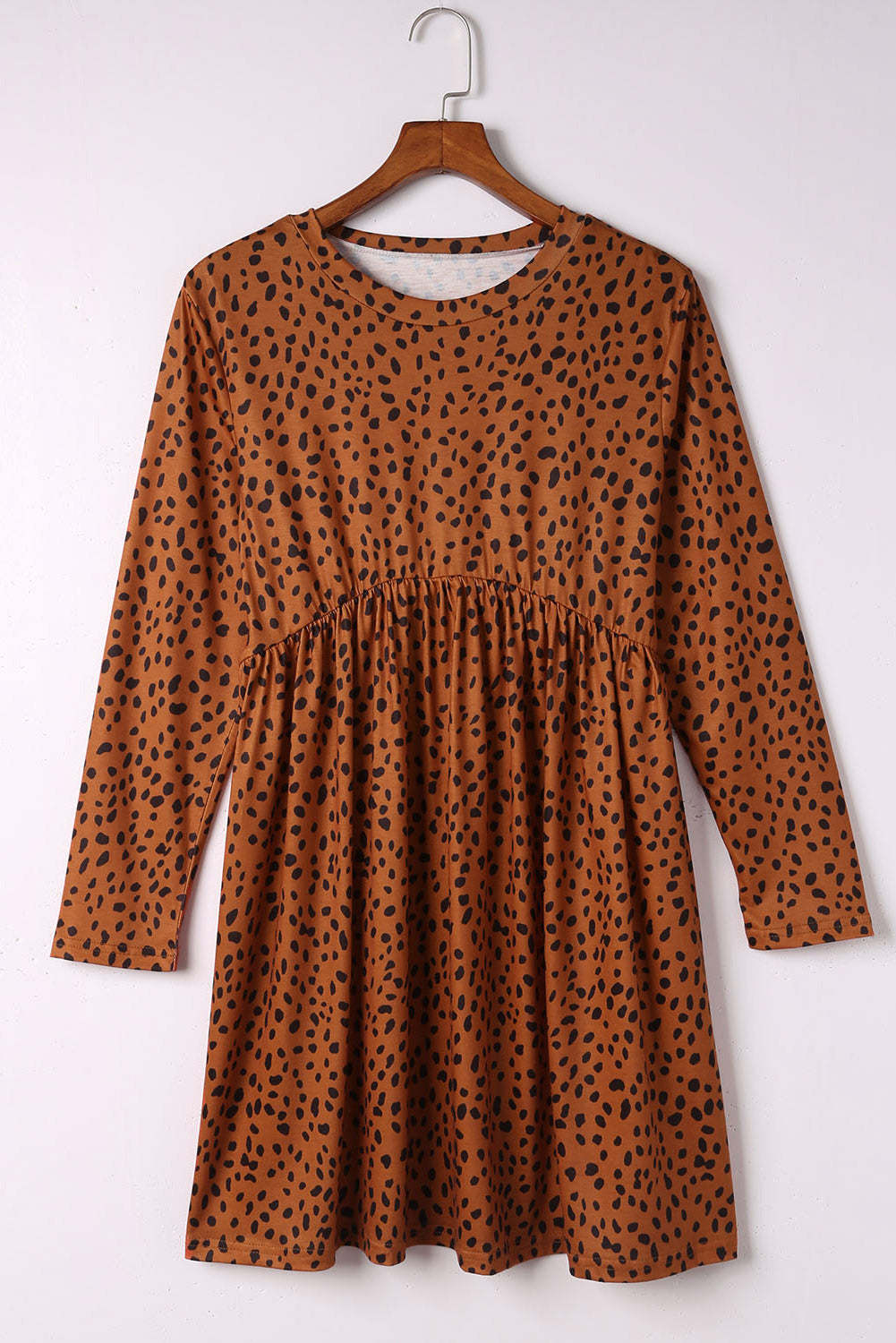 Brown Leopard Long Sleeve Babydoll Dress-yoyobikini