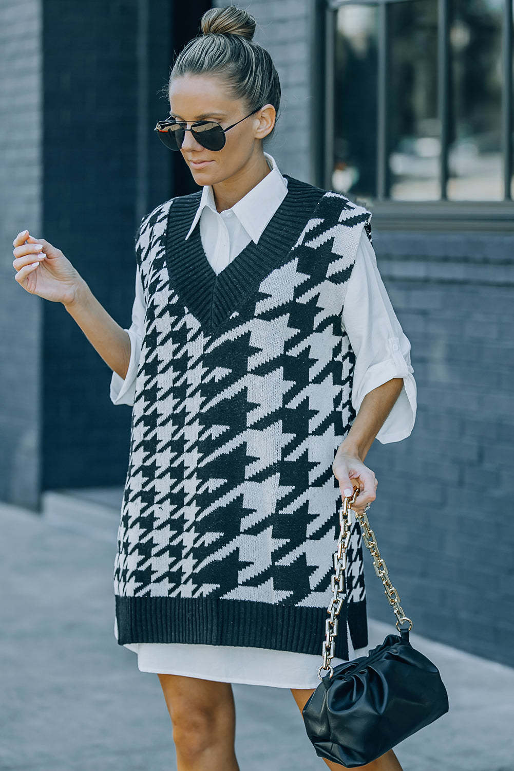 Black Houndstooth Sweater Vest with Slits-yoyobikini