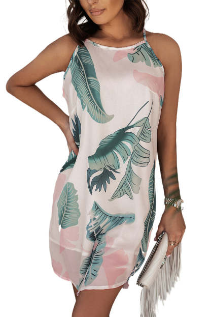 Palm Tree Leaf Print Ivory Sleeveless Dress-yoyobikini