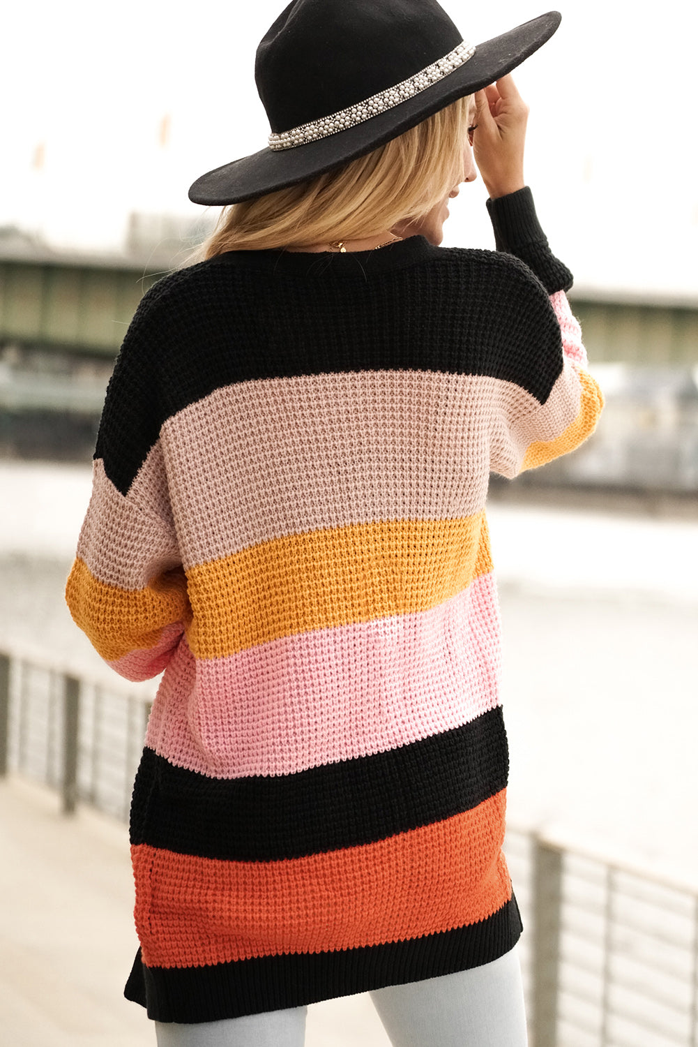 Multicolor Waffle Knit Color Block Open Front Cardigan-yoyobikini