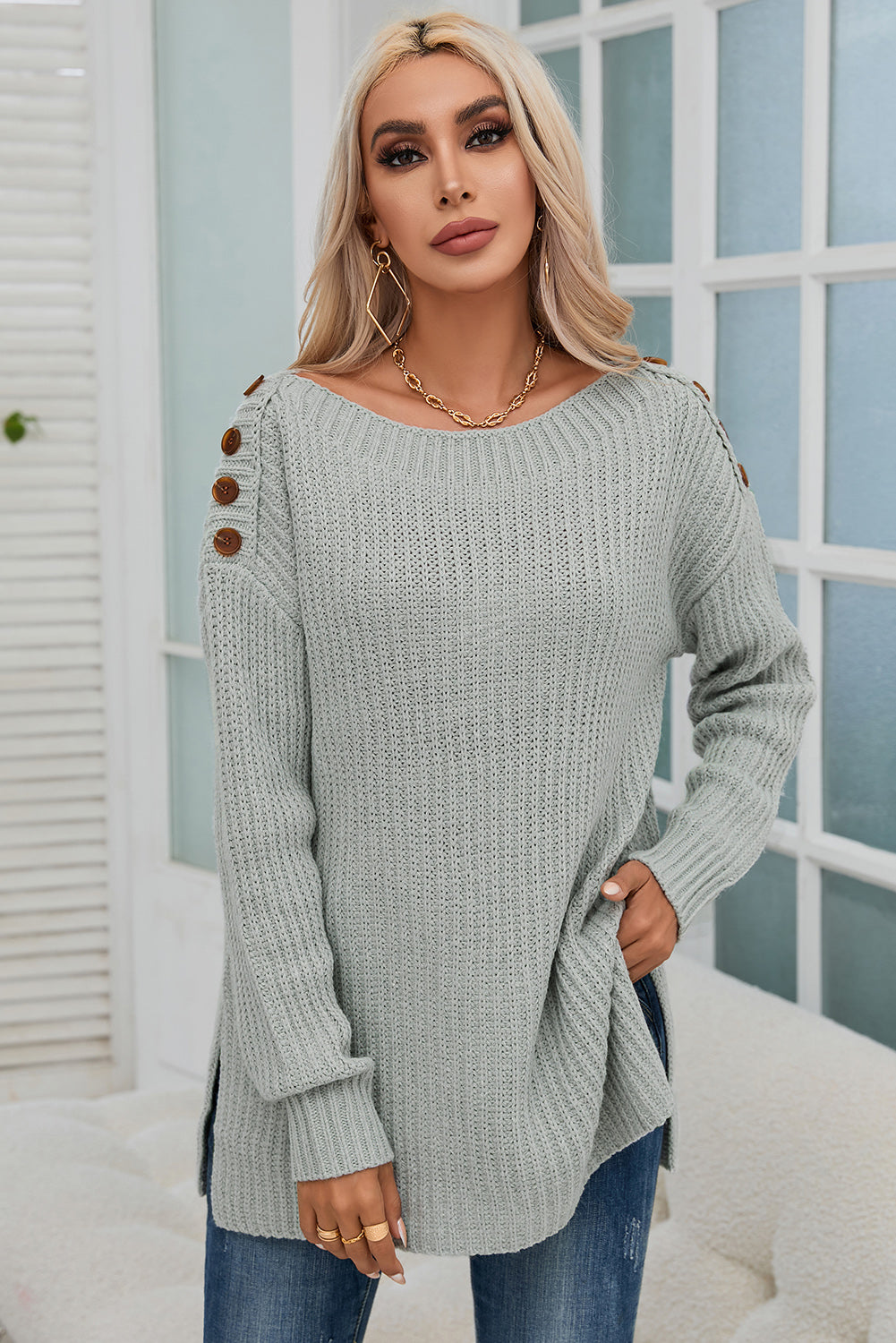 Gray Buttoned Drop Shoulder Oversized Sweater-yoyobikini