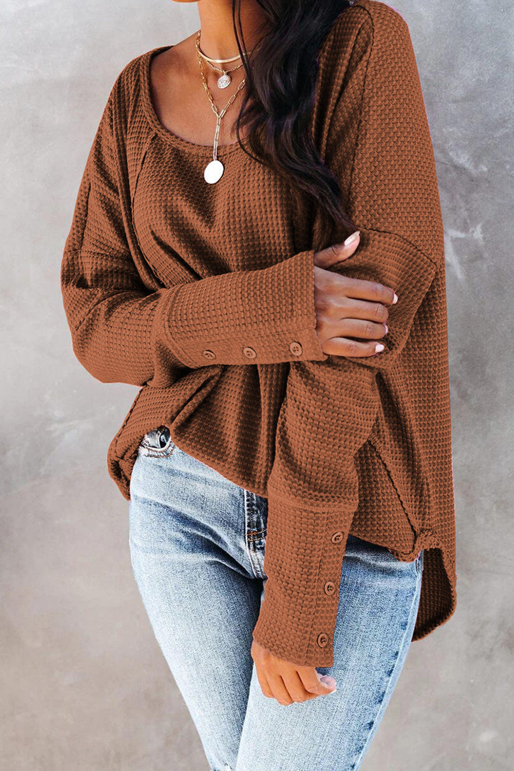 Brown Waffle Knit Splicing Buttons Long Sleeve Top-yoyobikini