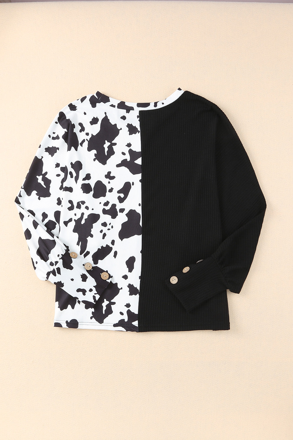Black Cow Patchwork Waffle Knit Long Sleeve Top-yoyobikini