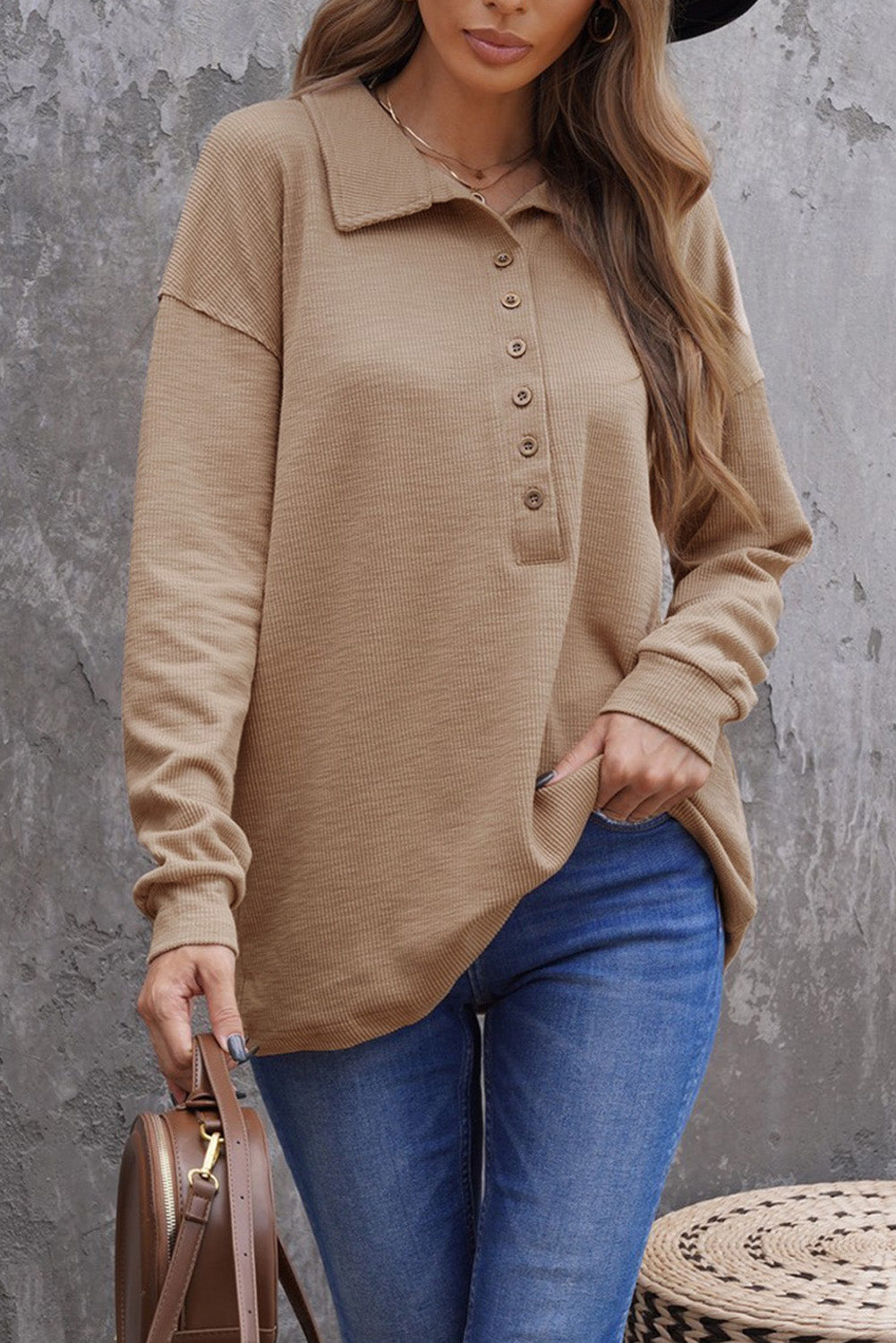 Khaki Button Front Turn-down Neck Knit Top-yoyobikini