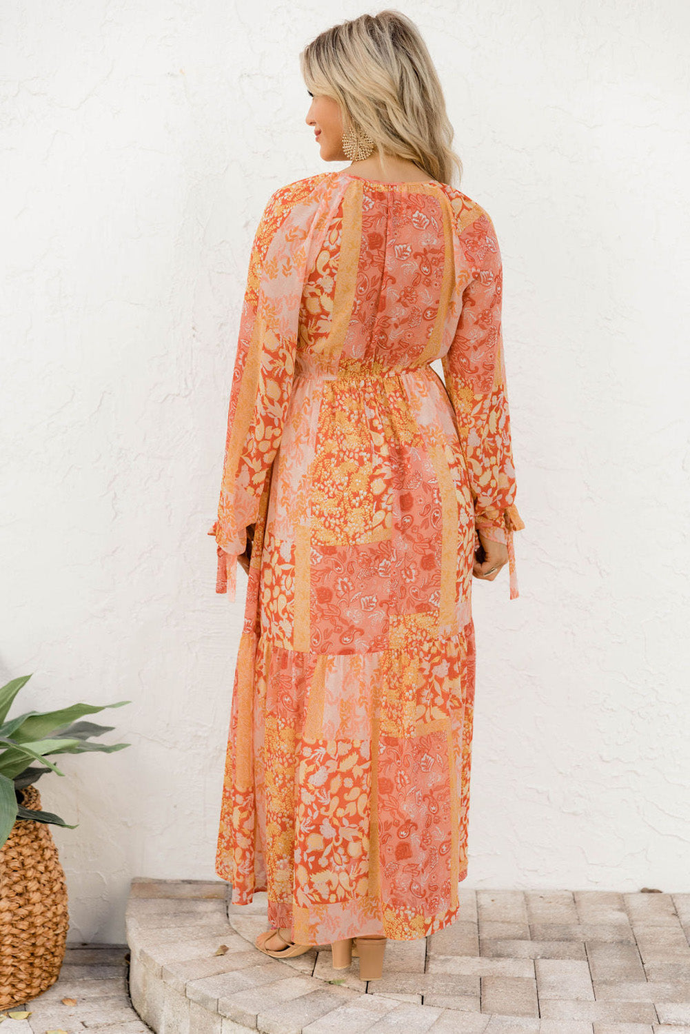 Orange Boho Floral Wrap V Neck Tie Long Sleeve Dress-yoyobikini