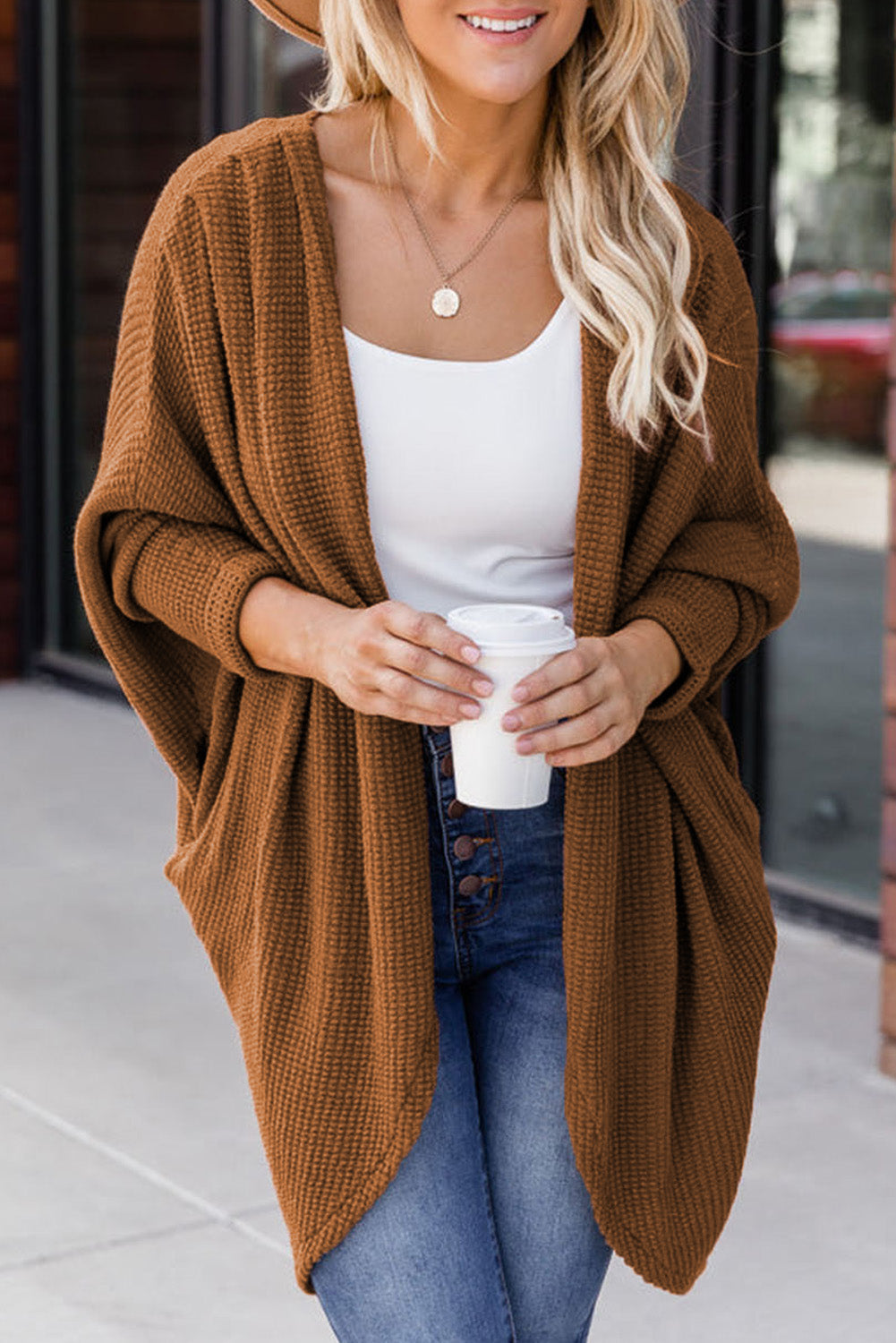 Brown Waffle Knit Open Front Rounded Hem Cardigan-yoyobikini