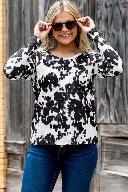 Cow Print U Neck Long Sleeve Top-yoyobikini